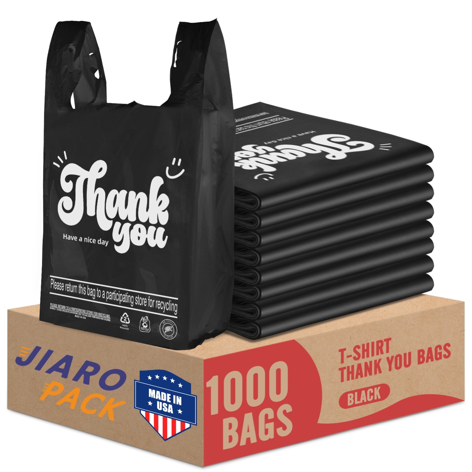 1000 Black Thank You T-Shirt Bags 12" x 6.5" x 21" Plastic Grocery Shopping Bags