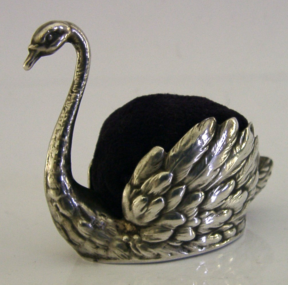 BEAUTIFUL GERMAN SOLID SILVER SWAN PIN CUSHION SEWING NEEDLEWORK c1900