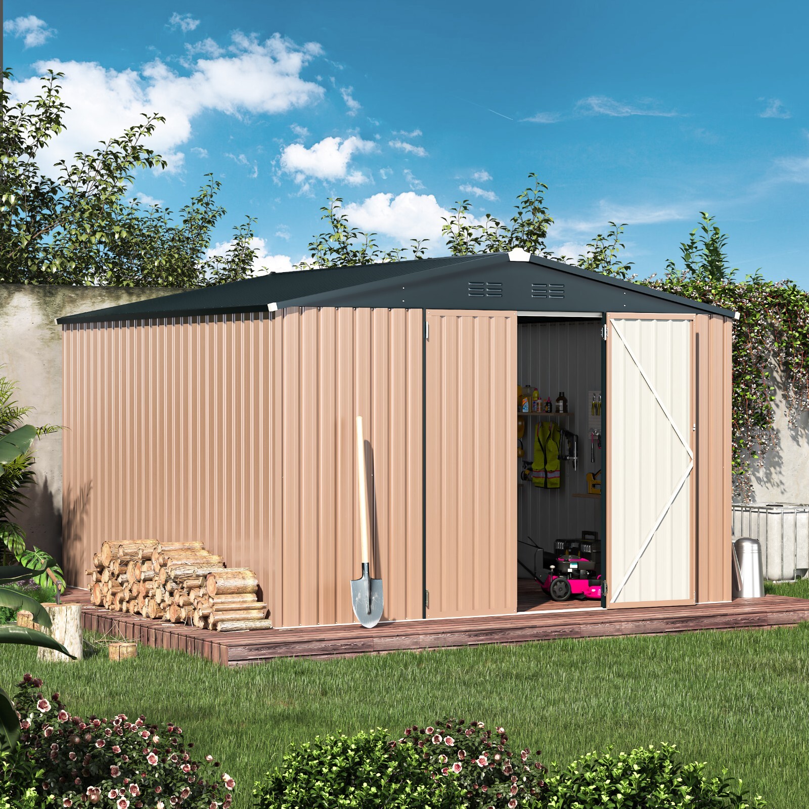 AECOJOY 4'x6'/ 6'x8' Outdoor Metal Storage Shed for Garden Tools Lockable Door