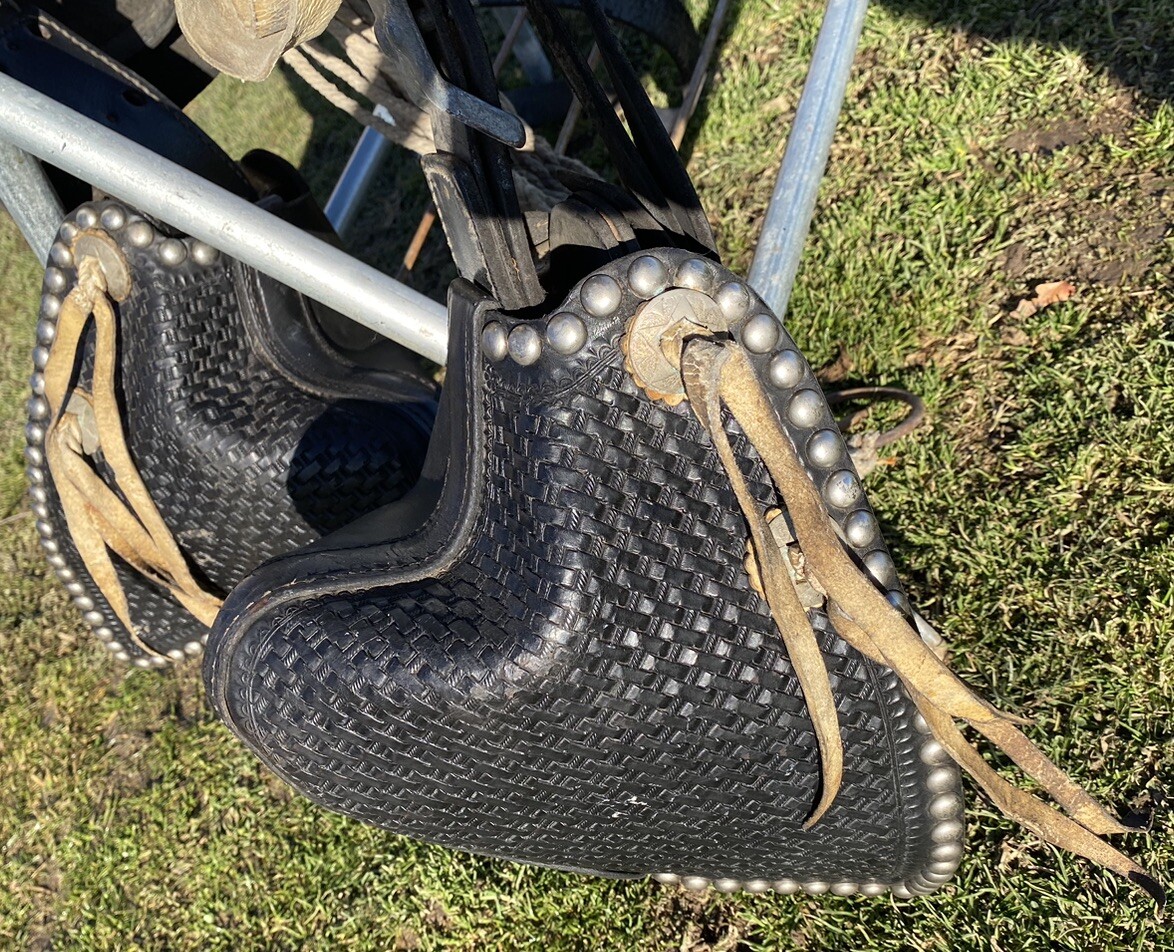Vintage/Antique 14" Simco Western parade saddle w/silver studs, tapaderos