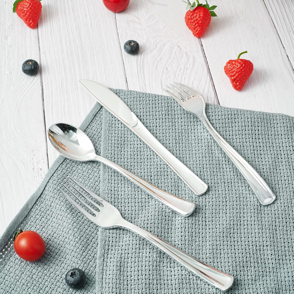 300 Pack 6.8" Disposable Silver Plastic Spoons, Solid and Durable Plastic Cut...
