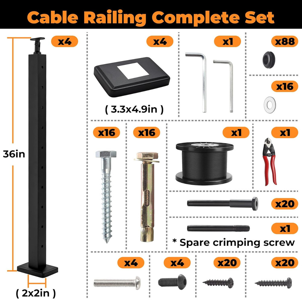36" Stainless Steel Cable Railing Post Kit - 4 Pack with 250FT Cable & Accessori