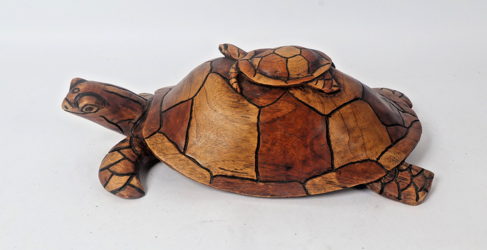 Vintage Large Hand Carved Solid Wood Turtle