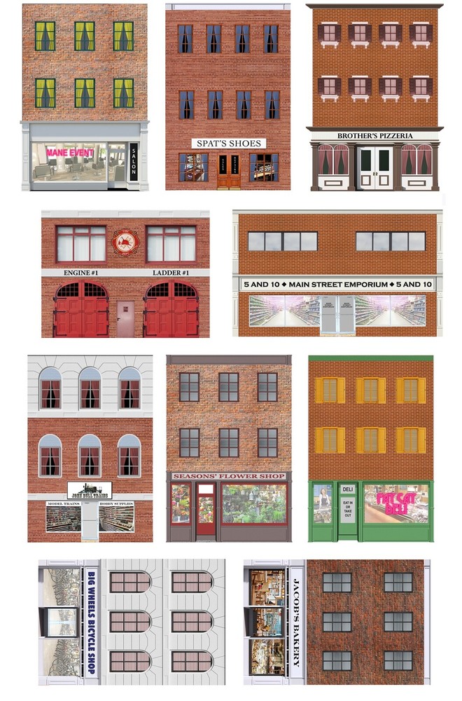 10 Strorefront Flat Buildings for Backgrounds for O Scale Train Layout