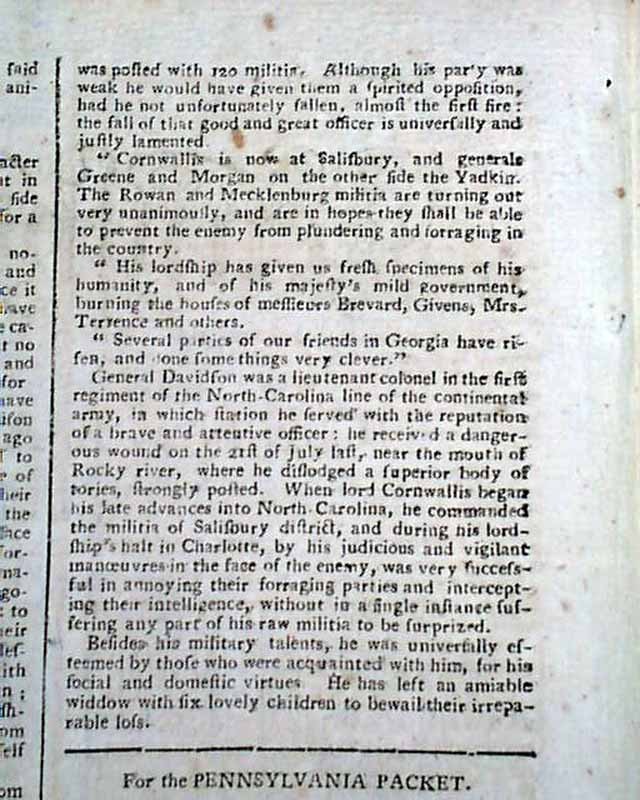 AMERICAN REVOLUTIONARY WAR Benedict Arnold John Andre Cowpens SC 1781 Newspaper