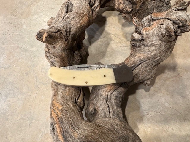 Big Damascus folding blade knife w/ White Bone handle
