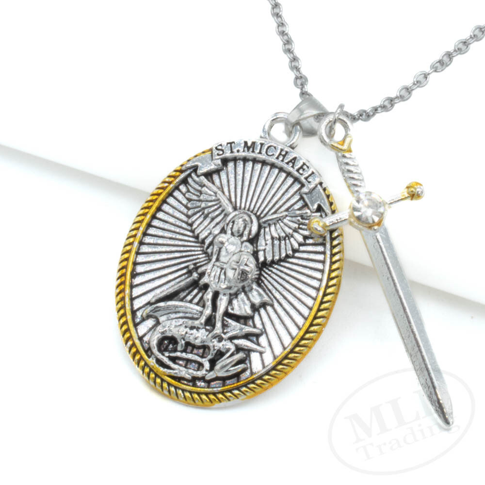 Saint St Michael Pendant Necklace, Oval Silver-Gold, Sword Charm, Ephesians 6:10