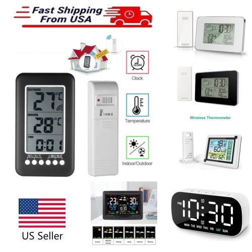 Digital Thermometer Clock LCD Temperature Wireless Transmitter Indoor/Outdoor