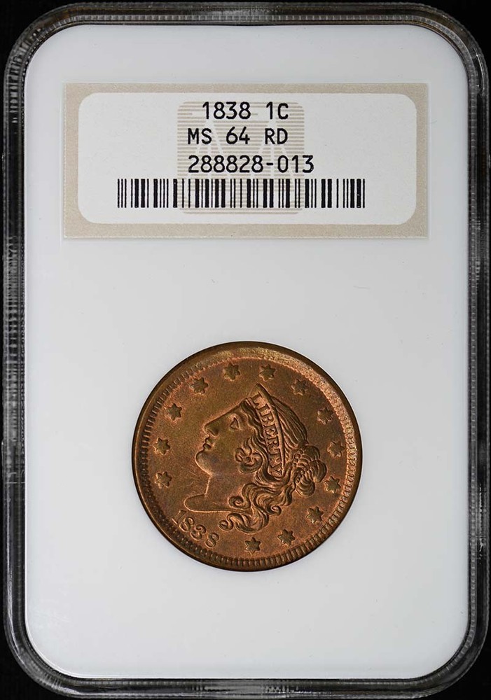 1838 Coronet Cent 1C NGC MS64RD