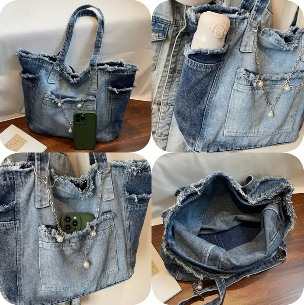 Blue Denim Large Shoulder Bag