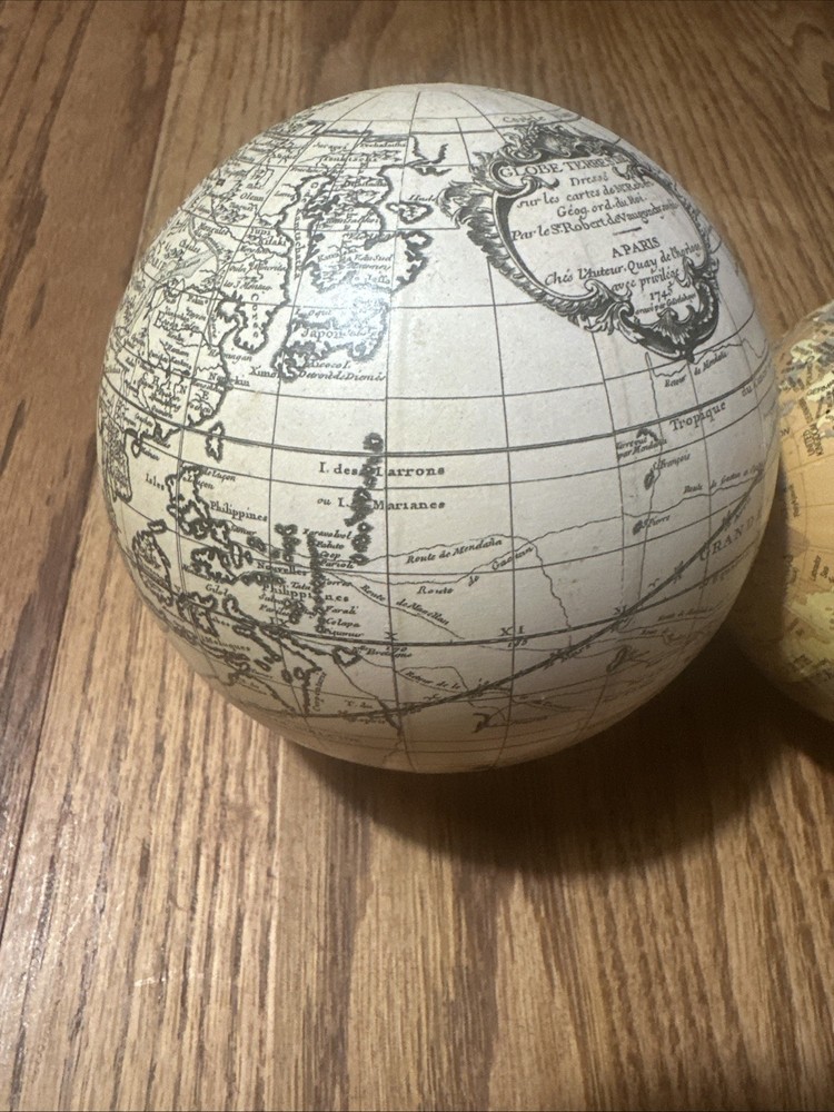 2 Vtg World Globes French Tan White Small Medium