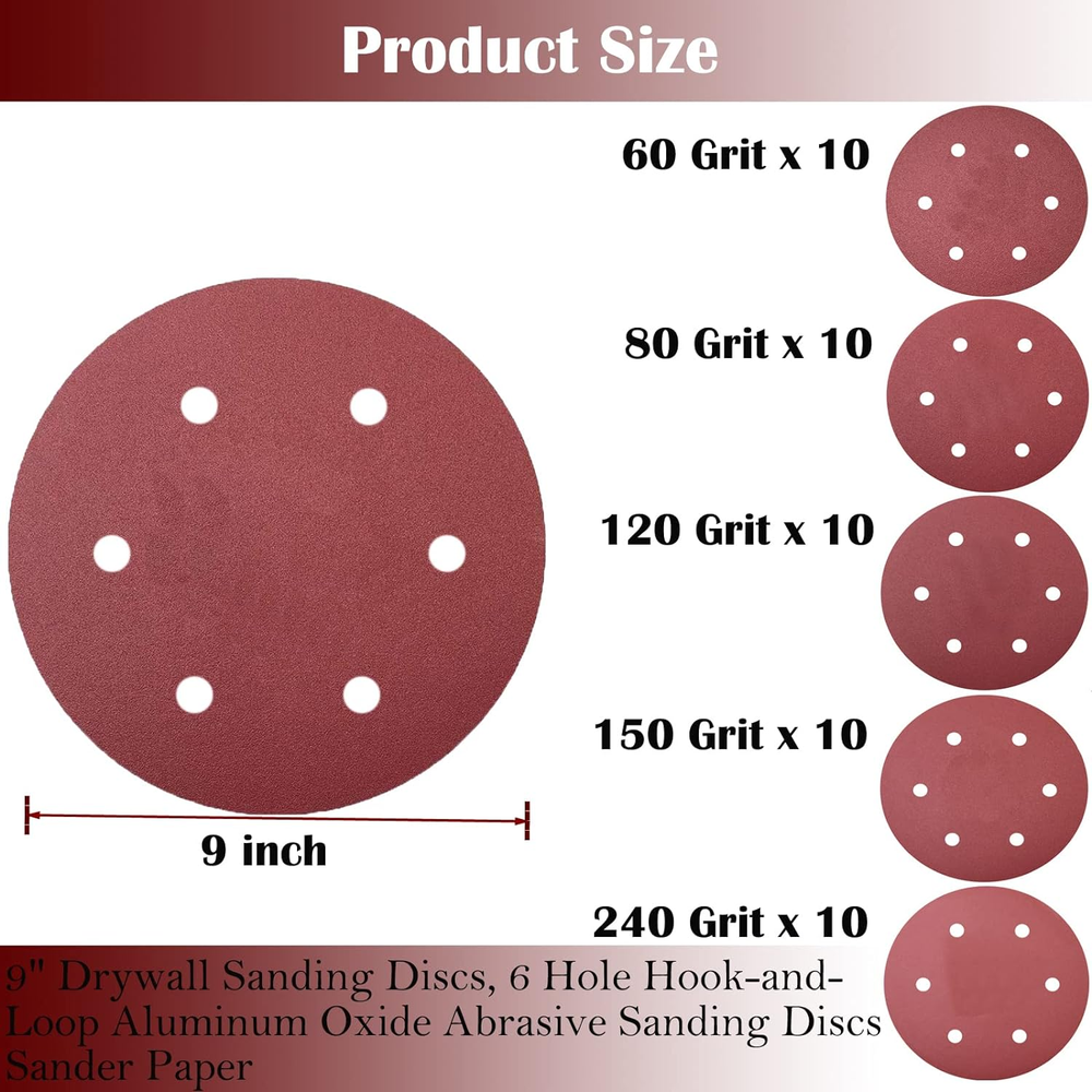 50 PCS 9 Inch 6 Hole Hook-And-Loop Sanding Discs