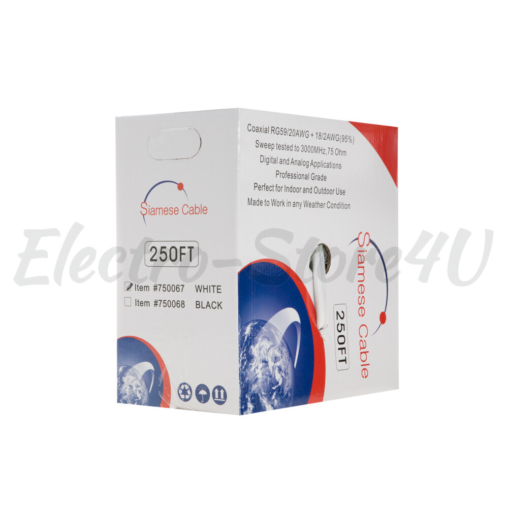 RG59 Siamese Cable 250ft 500ft 1000ft Coaxial 20AWG + 18/2 Security Camera Wire