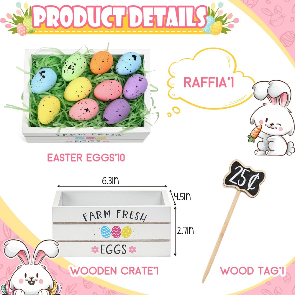 KORMMCO Easter Mini Wood Crate Decorations Set, Eggs Decor, White