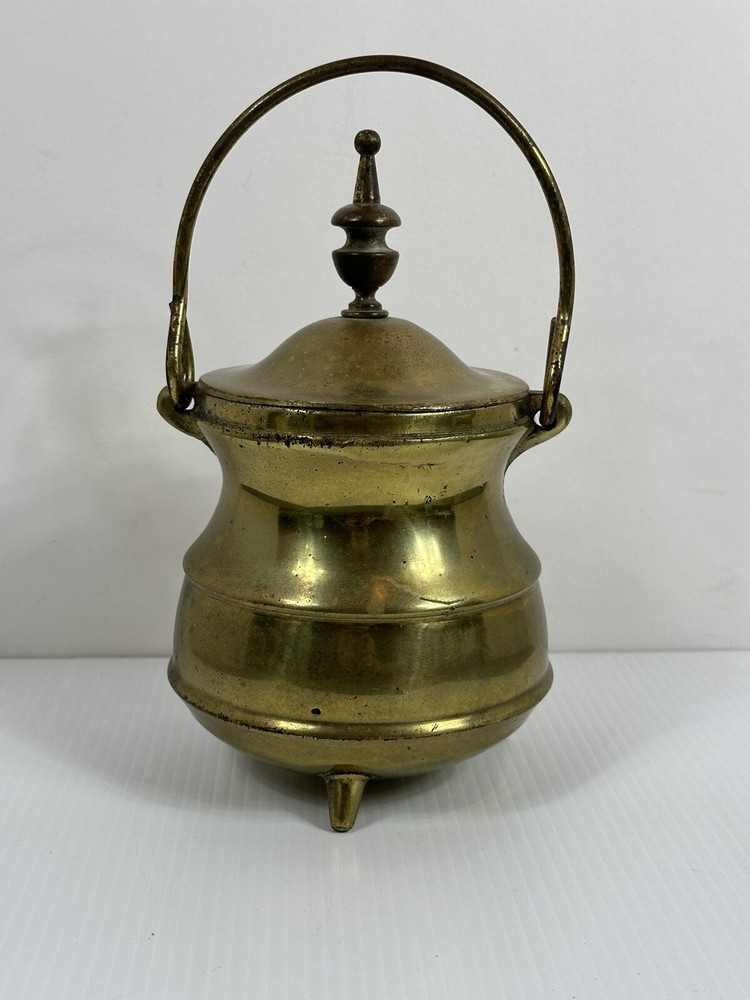 Vintage Solid Brass 3 Footed Fireplace Smudge Pot With Lid