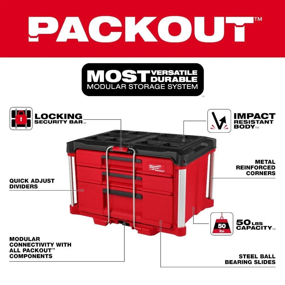 Milwaukee PACKOUT Multi-Depth 3-Drawer Tool Box - Red (48-22-8447)