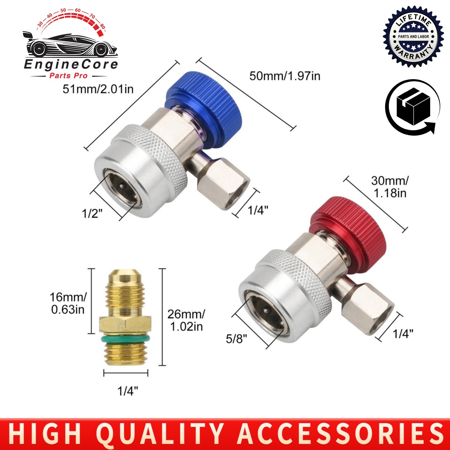 R134A Quick Coupler Adapter 1/4" Flare 2x HP & LP Connector for Car AC System