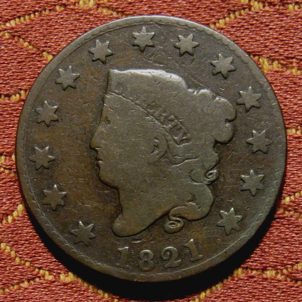 1821 CORONET LARGE CENT, VG  ~  KEY DATE, NICE ORIGINAL EXAMPLE WITHOUT ISSUES!