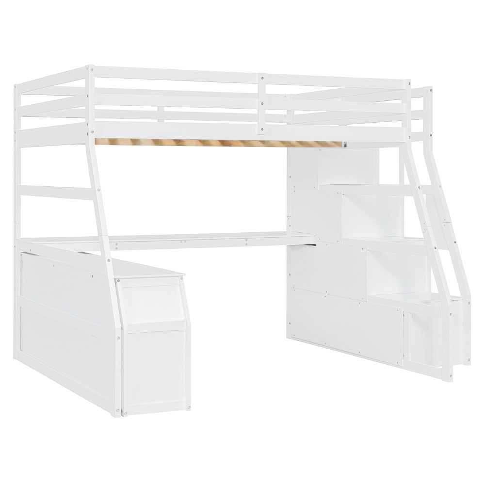 Full Loft Bed w/ Desk & Storage - White - Sturdy Pine Frame