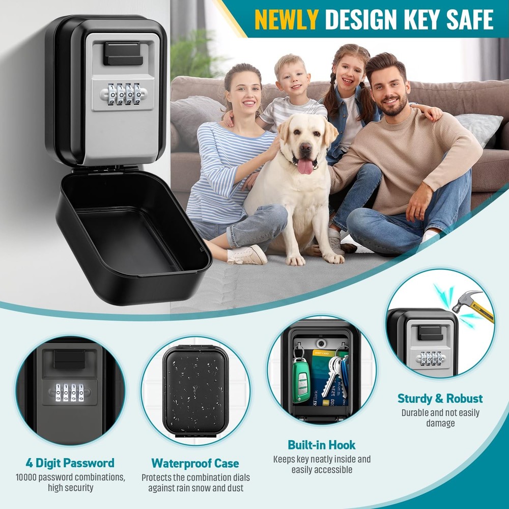 Key Lock Box, Waterproof Wall Mount, 4-Digit Code, Auto-Illuminating | Secure