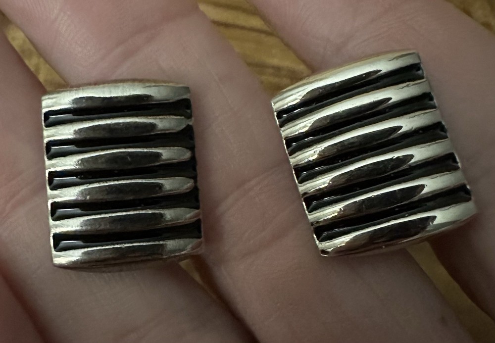 Silver And Black Striped Rectangle Cufflinks