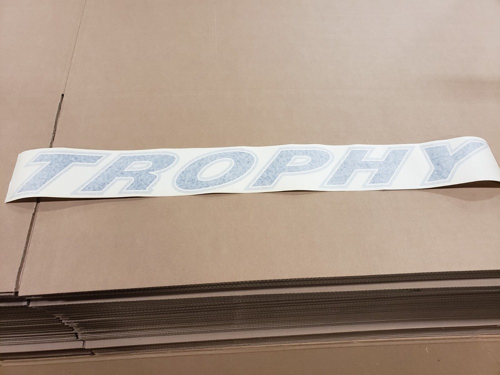 44” TROPHY SCRIPT DECAL OFF SHORE BLUE WITH SILVER TRIM