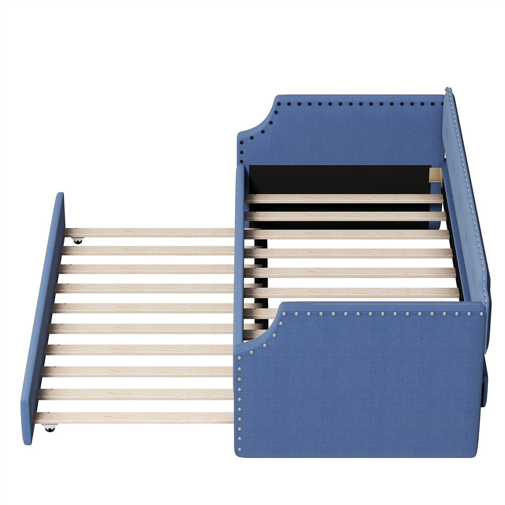 Twin Size Daybed w/ Pull Out Trundle Bed Upholstered Bed Frame Sofa Bed Blue