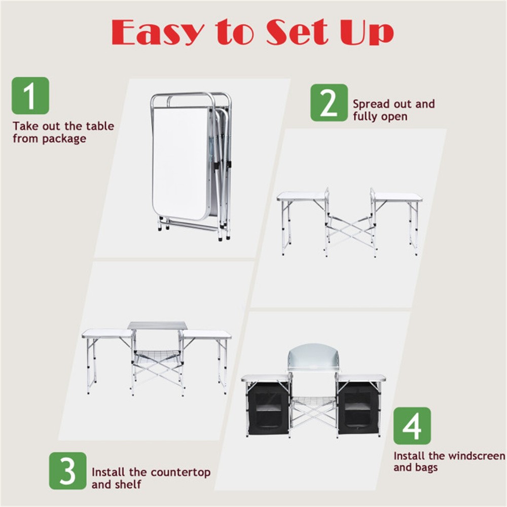 Foldable Camping Kitchen with 2-sided Windshield Pockets