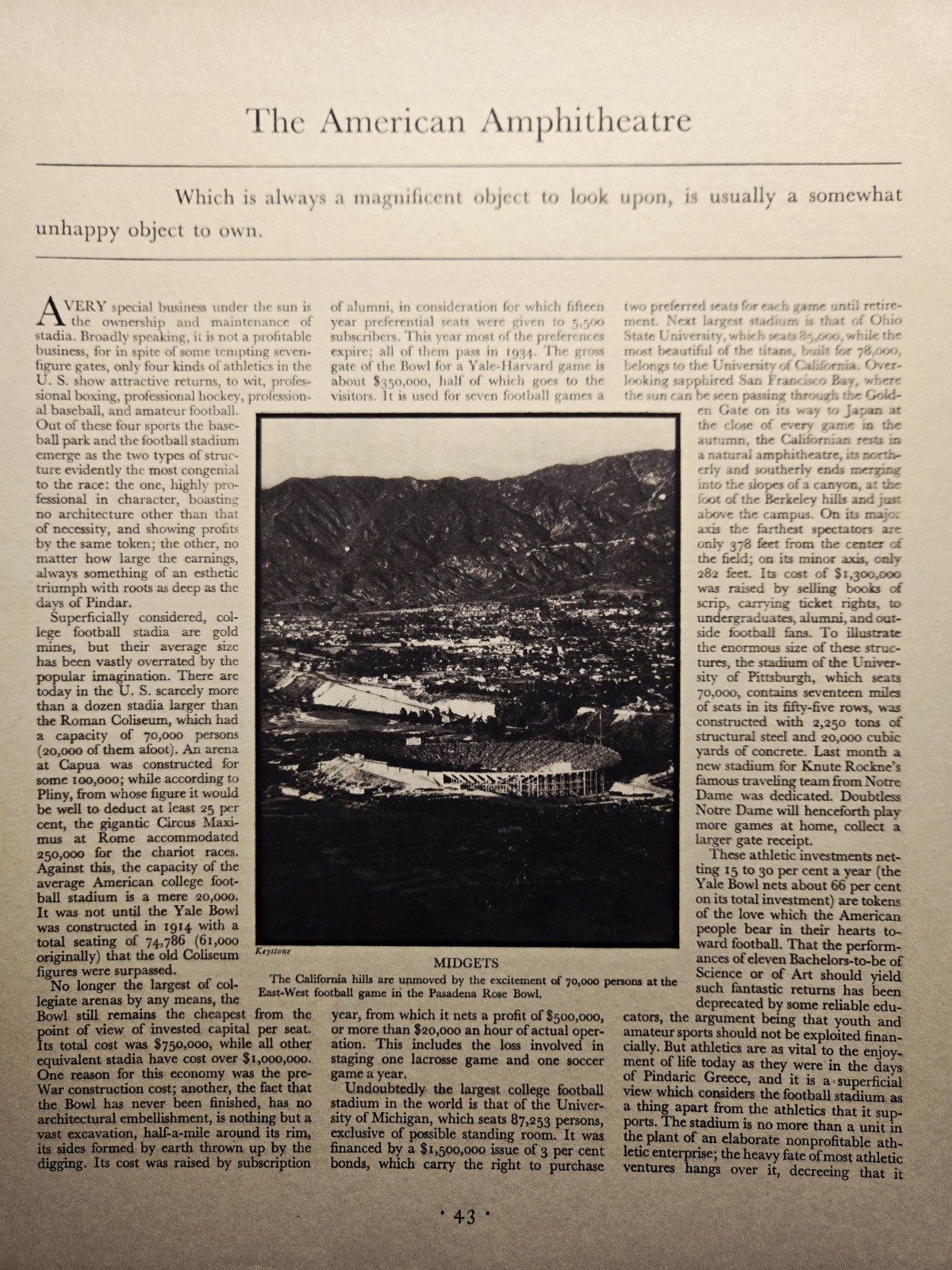 1930 American Stadia Magazine Article - Hollywood Yale Rose Bowl Soldier Field
