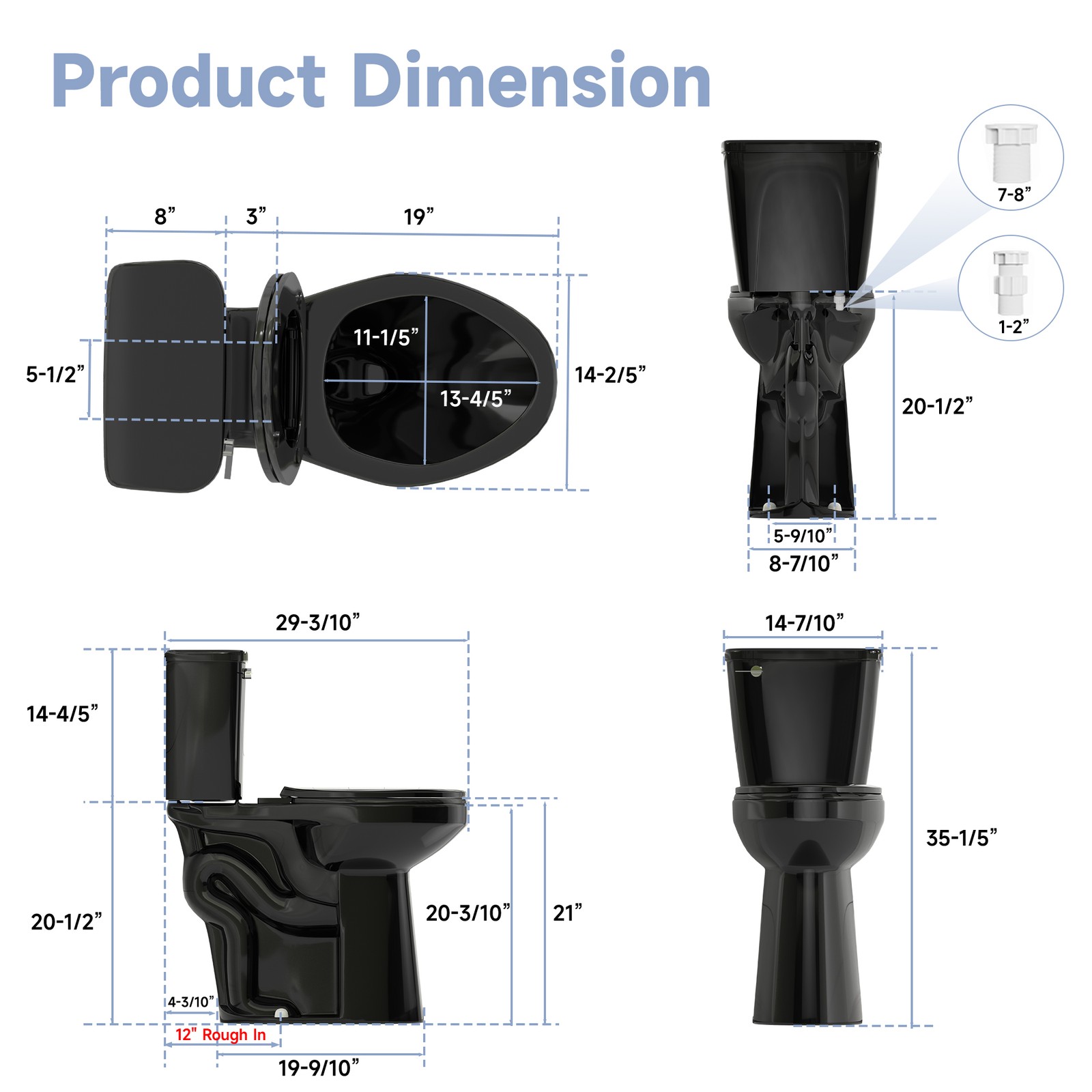 21" Extra Tall Elongated Two Piece Toilet 1.28 GPF for Seniors Tall Person Black