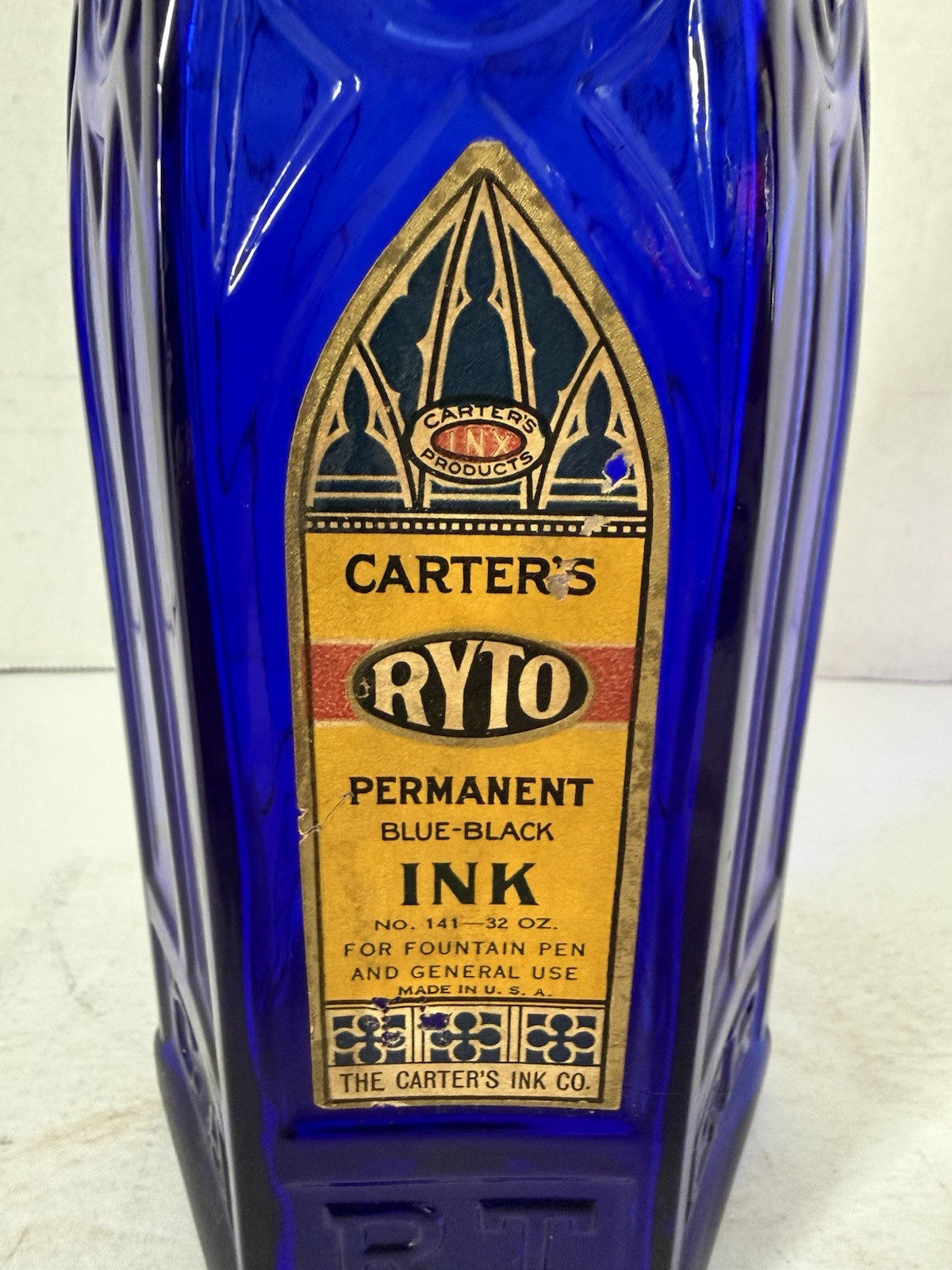 Vintage Cathedral Style Blue Glass Carter's Ink Bottle/Jar with label & Stopper
