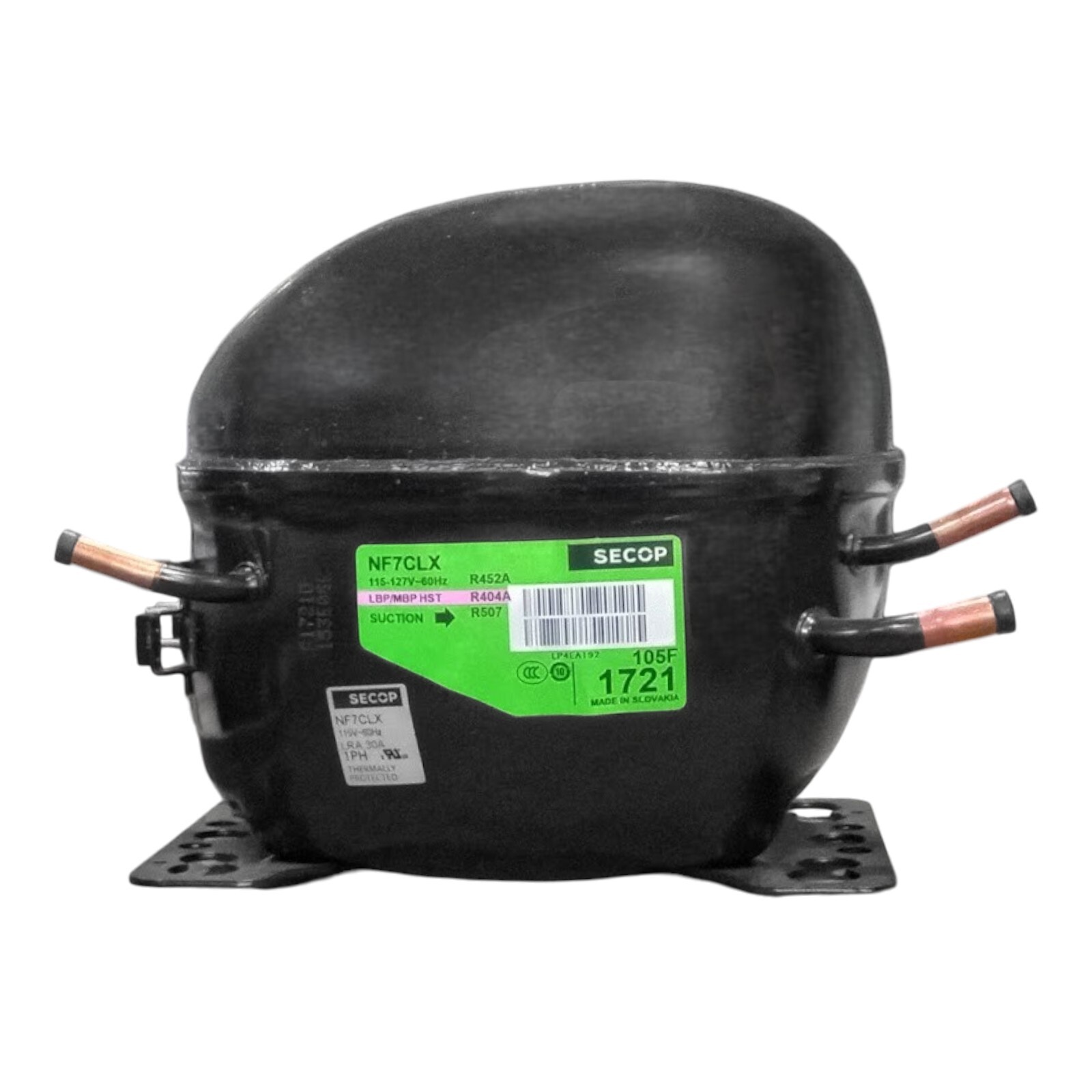 Secop NF7CLX R404a Refrigeration Compressor 1545 BTU LBP 4760 BTU HBP 115V 1/3HP