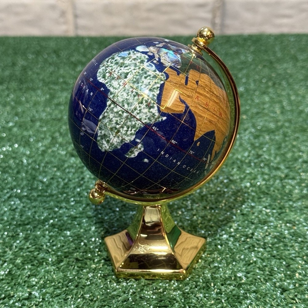 Gemstone Tabletop Globe Multicolor with Gold Base, Small Decorative, Rotating