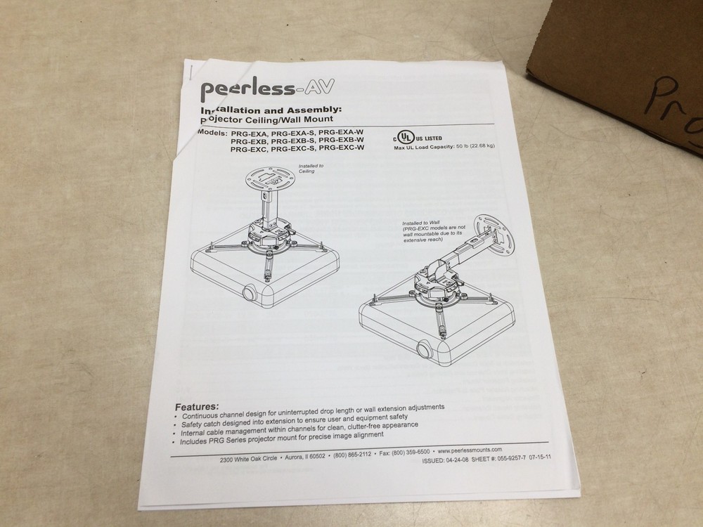 Peerless-AV PRG-EXC Projector Ceiling/Wall Mount 50lb Capacity