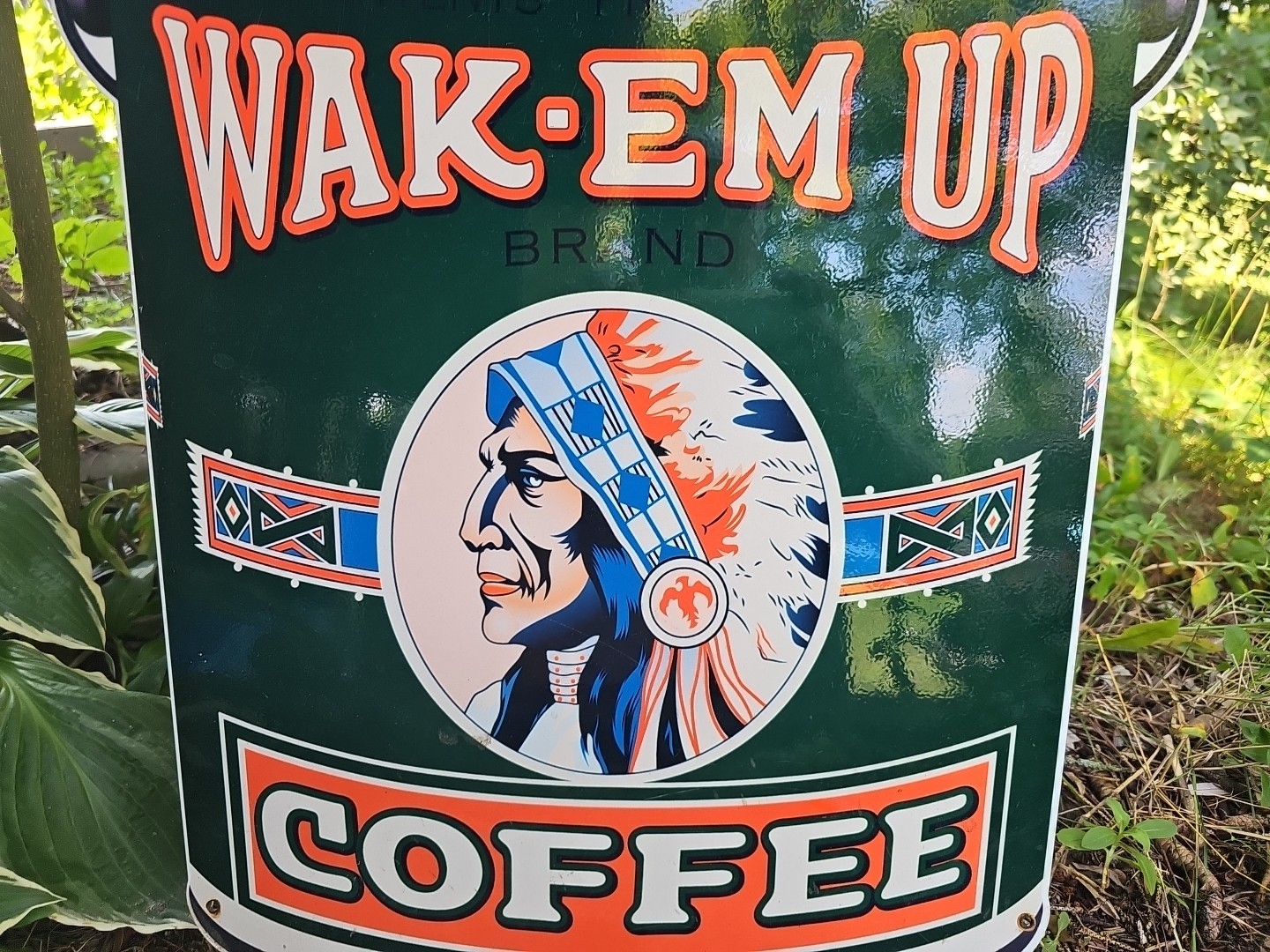 LARGE VINTAGE WAKE-EM UP COFFEE PORCELAIN SIGN 24" X 16" VERY HEAVY SIGN