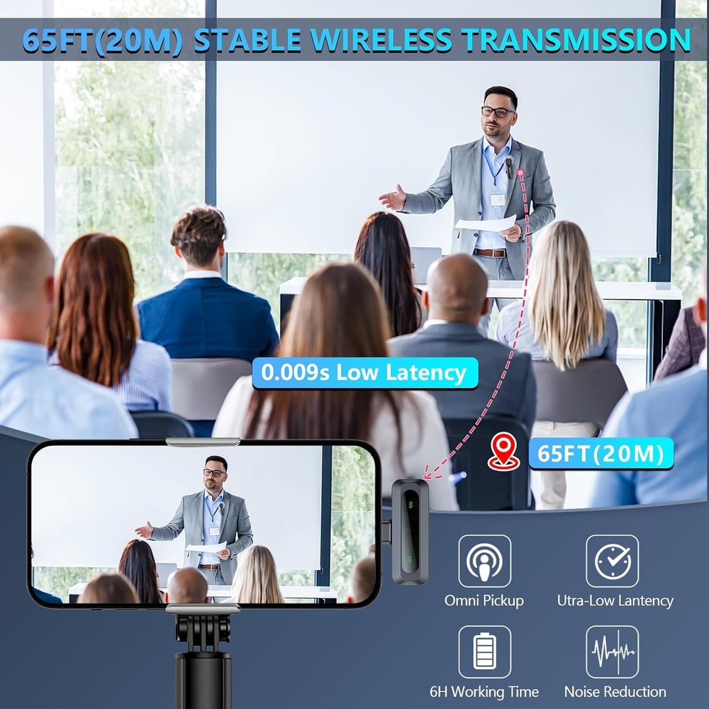Wireless Microphone Mini Mic for iPhone/Android Phone, LED Display Lavalier Micr
