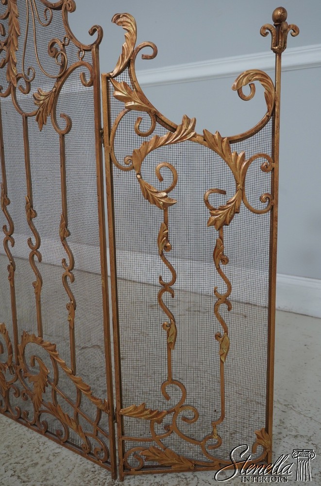 F72220: Vintage Three Panel Iron Frame Gold Painted Fireplace Screen