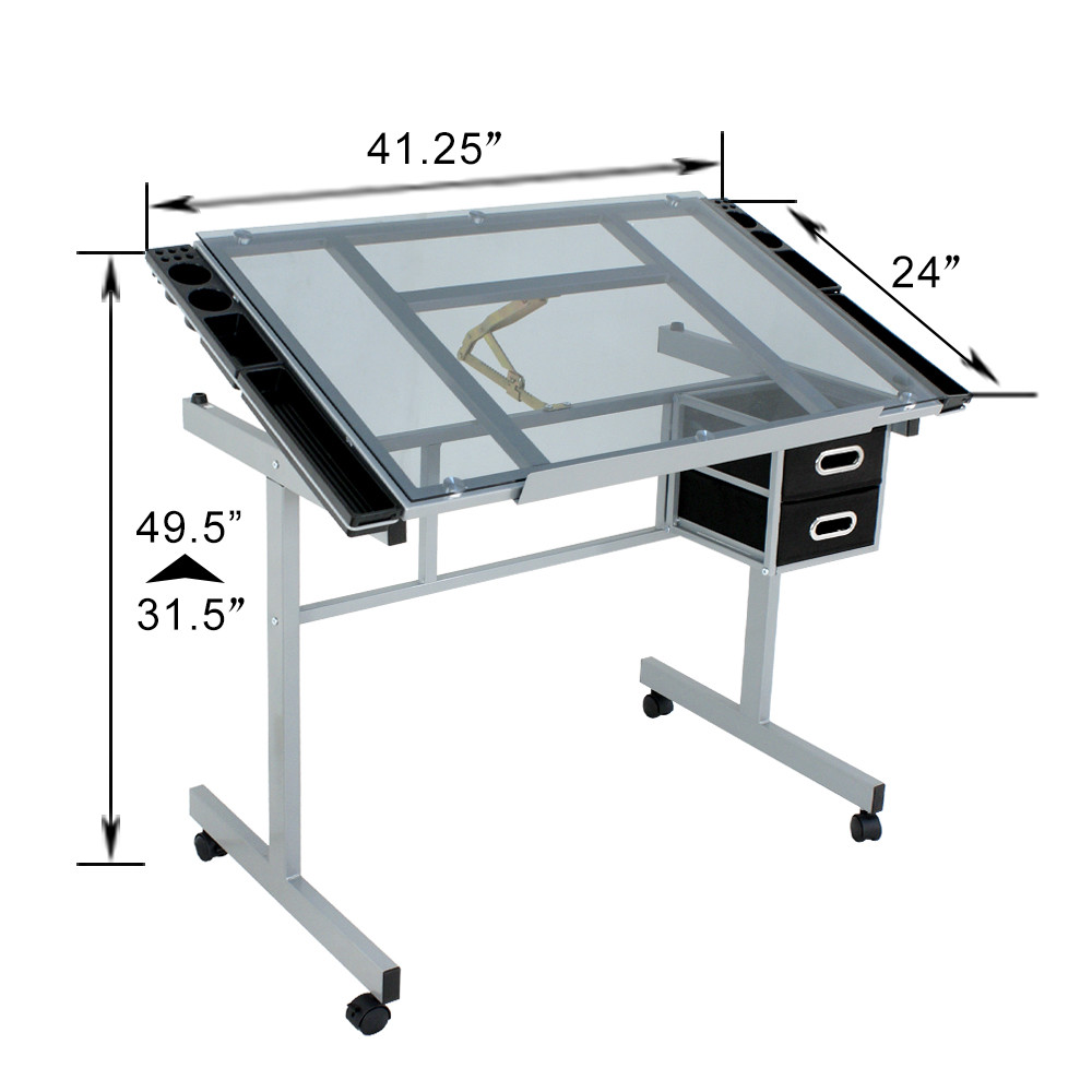 Drafting Table on Wheels Adjustable Glass Tabletop Drawing Desk w/Storage Drawer