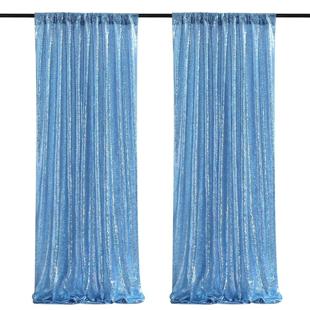 2 PCS Light Blue Sequin Backdrop Curtain 2x8ft Glitter Drapes Graduation