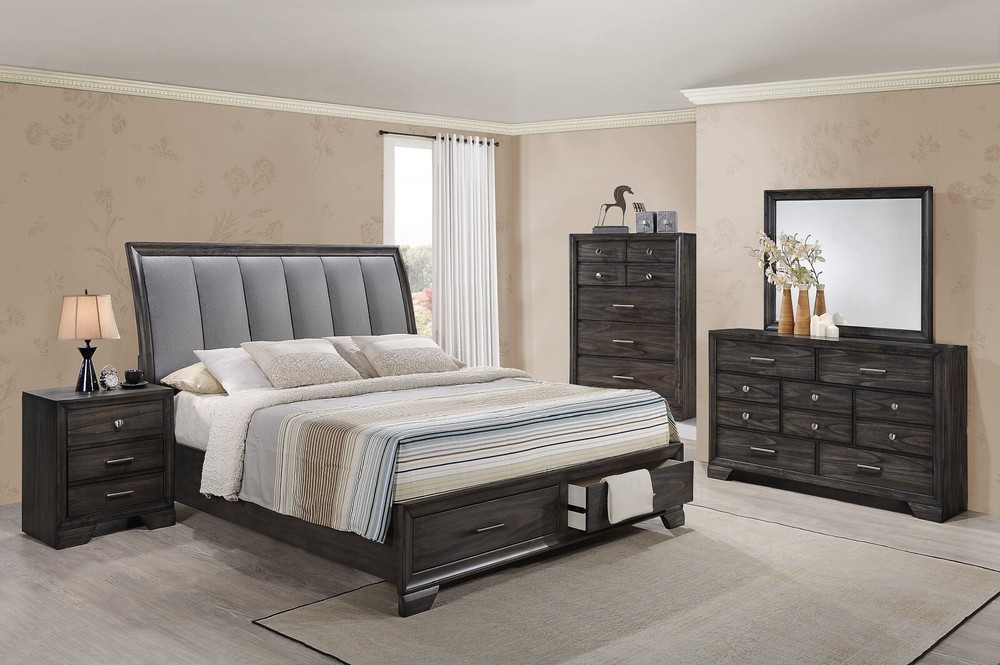 6Pc King Size Platform Storage Footboard Bed Set Dark Gray Finish Solid Wood