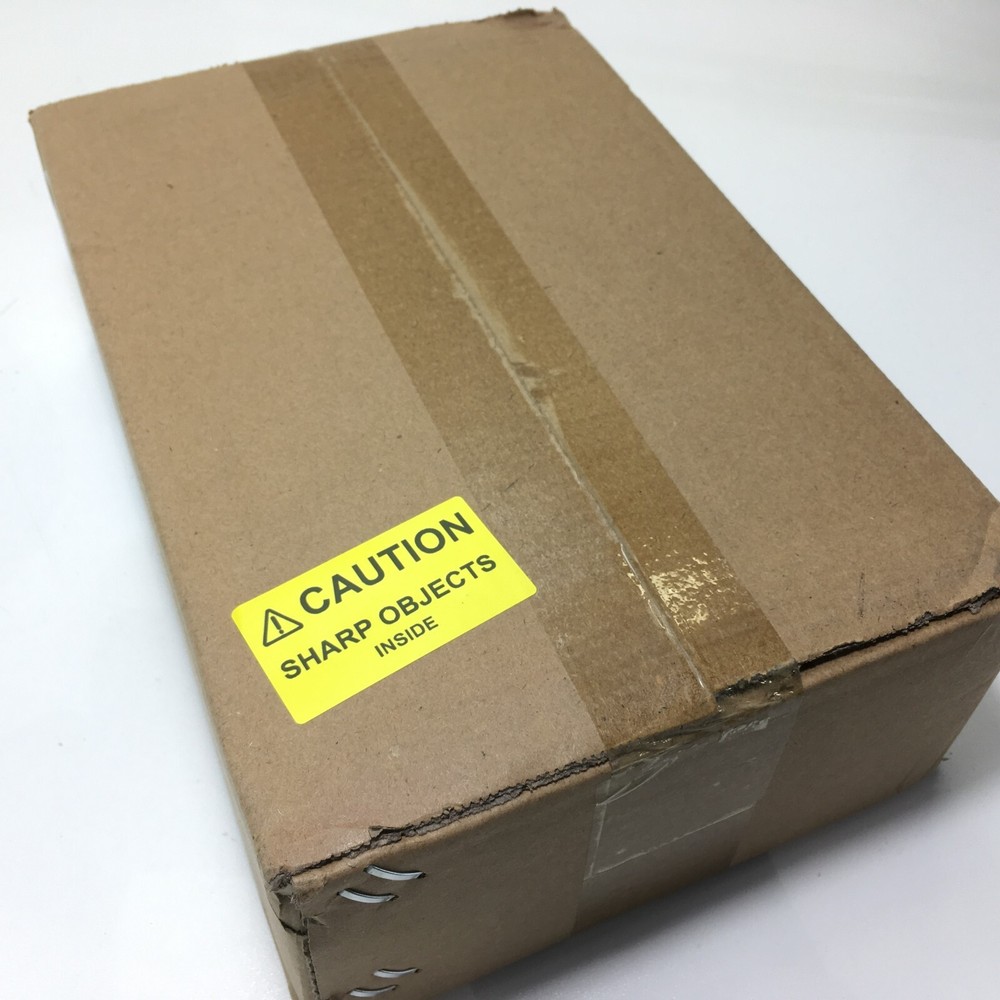 ⚠CAUTION SHARP OBJECTS INSIDE Warning Sticker Label Yellow 2.25" L x 1.25" H