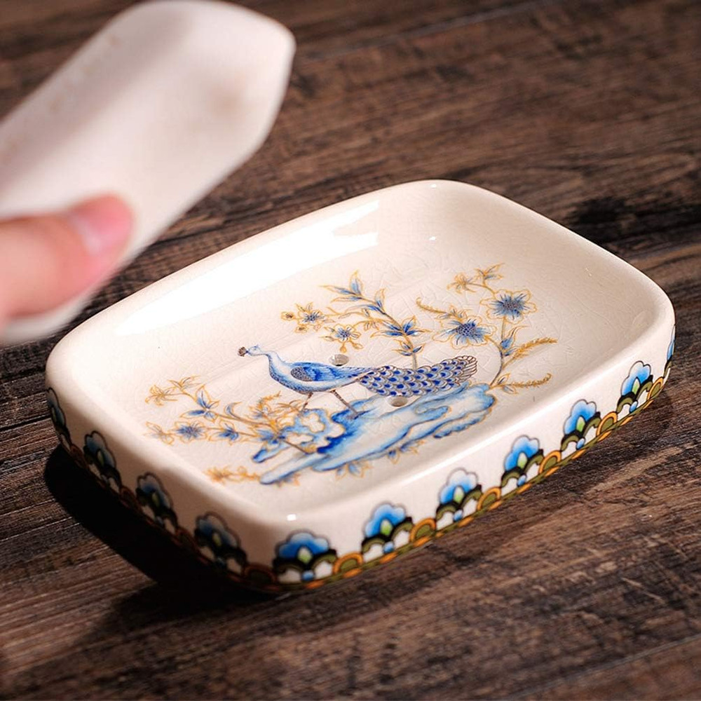 Ceramic Soap Dish Creative Ice Crack Ceramic Peacock and Flower Pattern Soap Dis