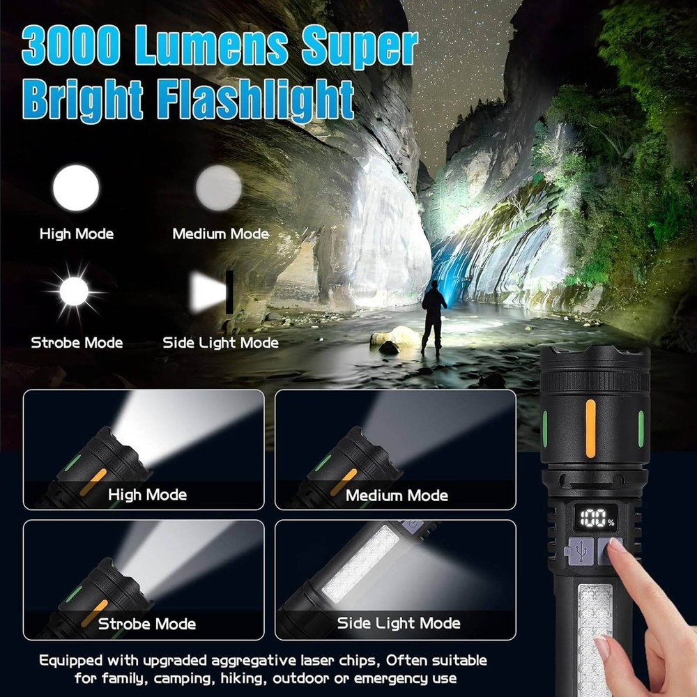3000 Lumens LED Flashlight Rechargeable with 5 Modes Adjustable Head Portable