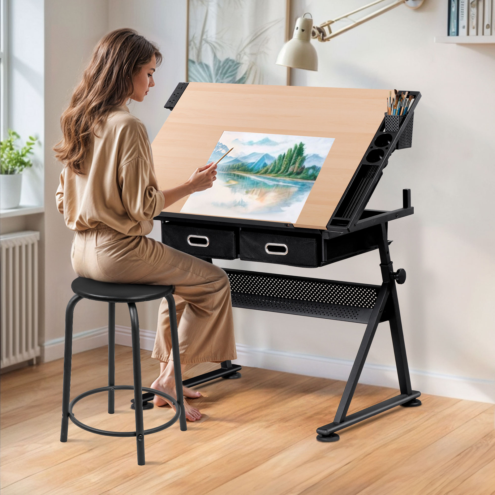 Adjustable Drafting Table with Outlet Artist Drawing Table with Stool Natural