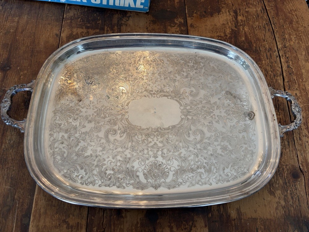 Vintage Silver Tone Embossed Tray With Handles 20x14