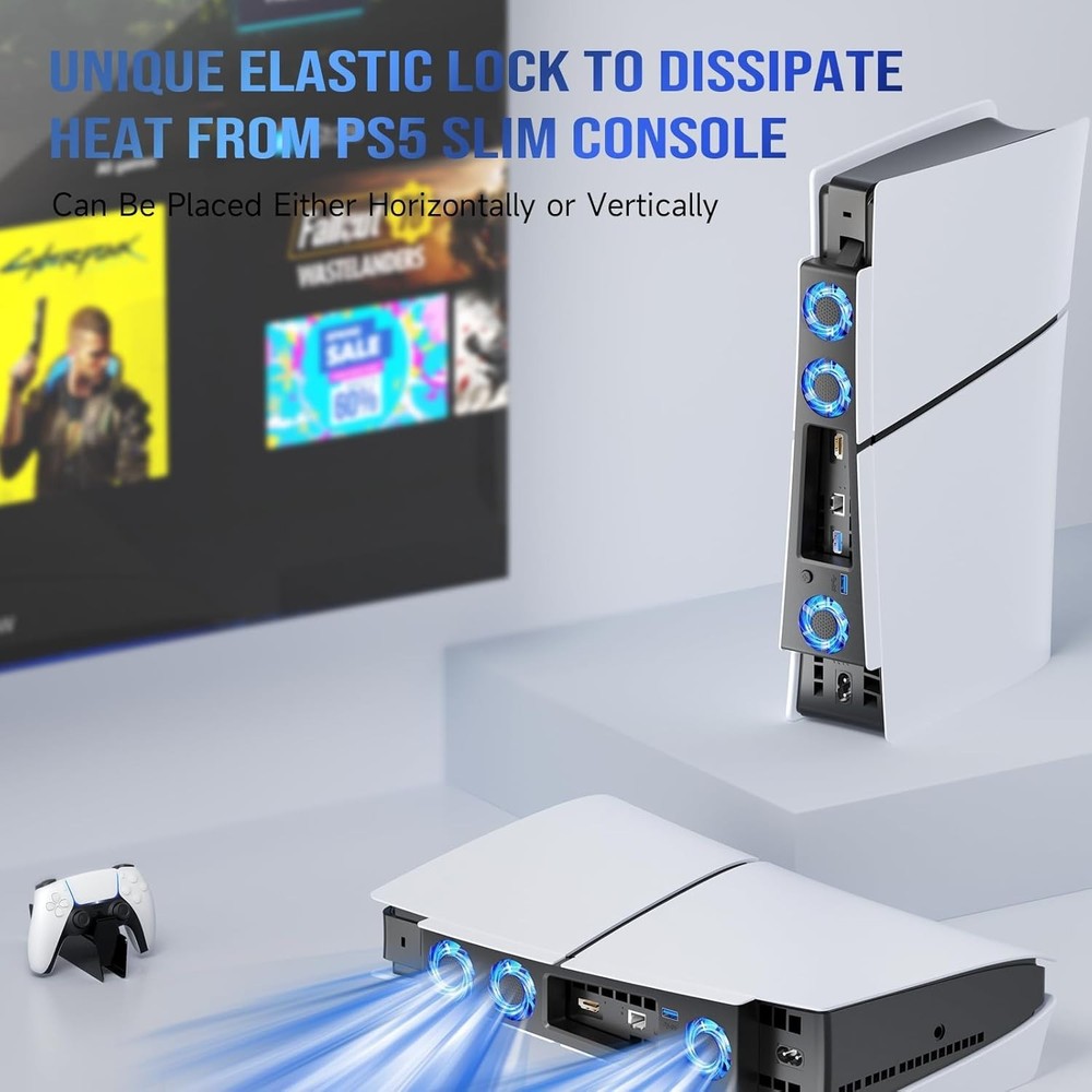 Whisper-Quiet PS5 Slim Cooling System with Enhanced Airflow & LED Indicator