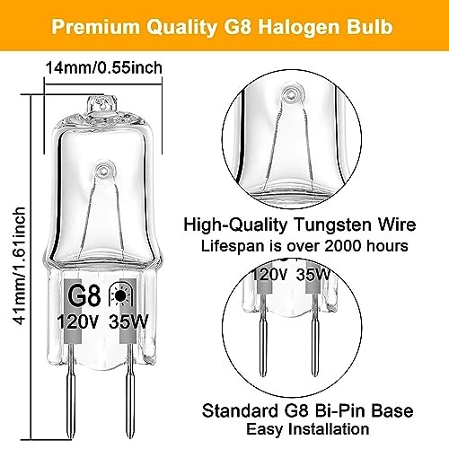 G8 Halogen Light Bulbs 35W 120V T4 JCD Type G8 Base 2 Pin Xenon 35W-12 Pack
