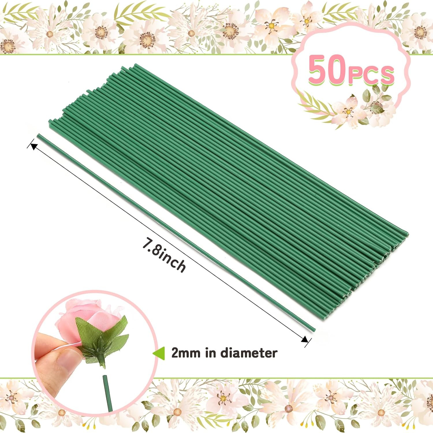 Green Floral Wire Stems, 50 Pieces, Thick Flower Rose Bud Sticks, 8 Inches