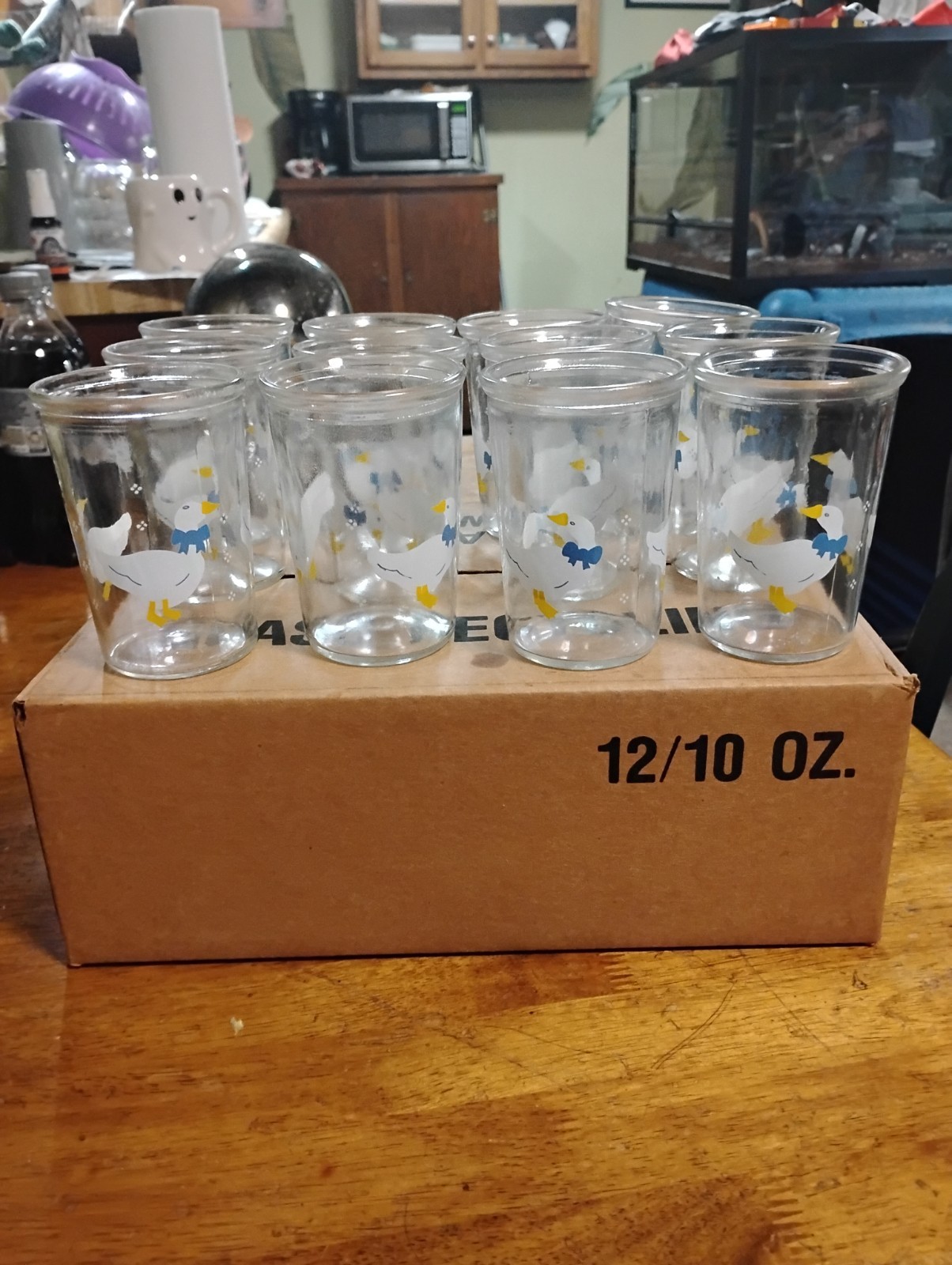 12 VINTAGE BAMA GLASS JELLY JAR CUPS W/ WHITE GEESE AND BLUE RIBBONS 1980s New!!