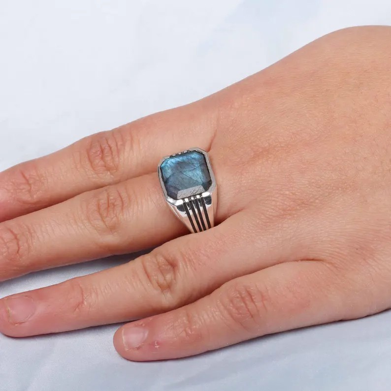 Solid 925 Sterling Silver Signet with Blue Labradorite Gemstone Handmade Ring